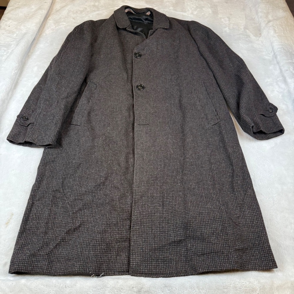 Vintage 50s Amalgamated‎ Union Mens Wool Overcoat Brown Houndstooth Car Coat 44L
